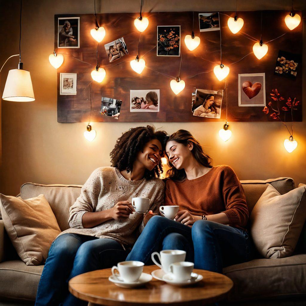 A cozy and inviting scene depicting a couple sitting together on a comfortable sofa, sharing laughter and deep conversations over a cup of tea. The background features soft, warm lighting with photos of memorable moments decorating the wall. Include subtle symbols of love like hearts and interconnected hands in the foreground. Emphasize warmth, connection, and intimacy. super-realistic. vibrant colors. soft lighting.