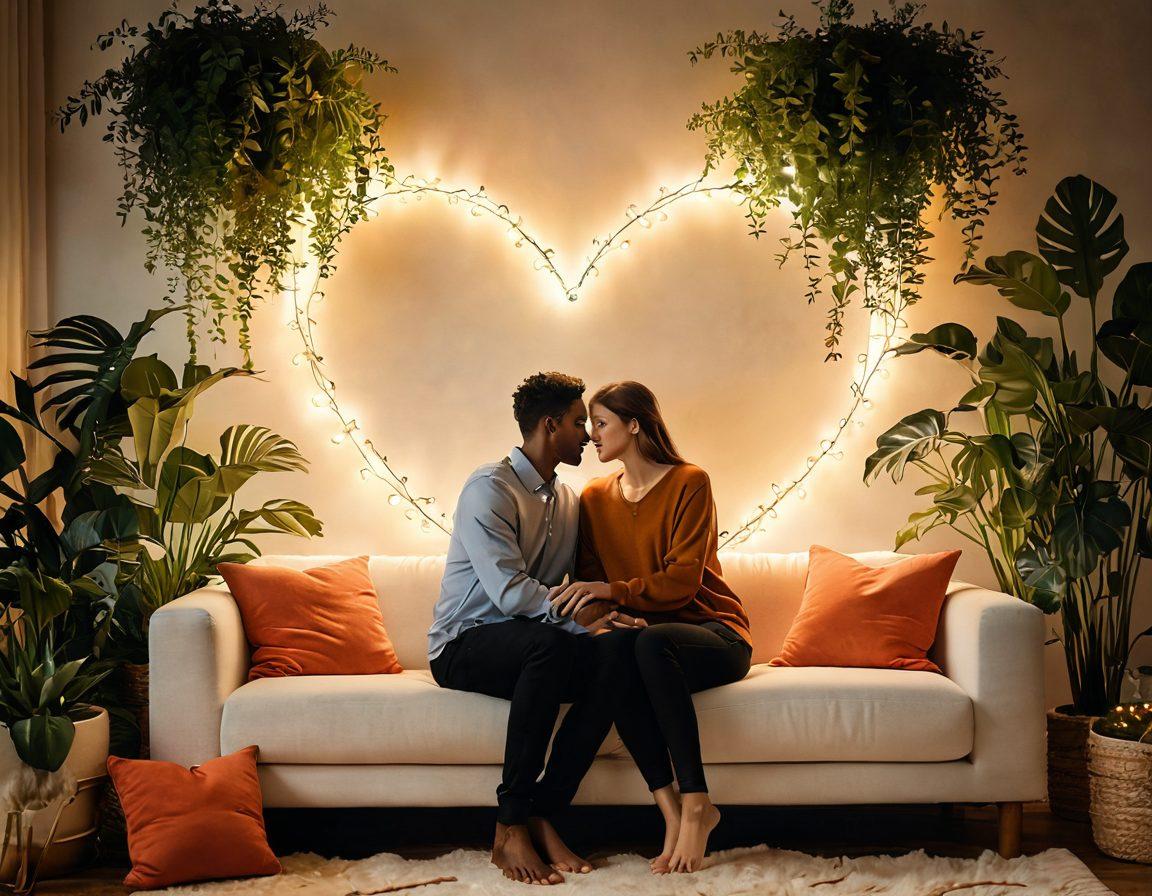 A warm and inviting scene of two people sitting on a cozy couch, sharing a heartfelt conversation with a backdrop of soft, glowing lights and plants, symbolizing growth and connection. Include elements like intertwined hands and a heart-shaped cushion to emphasize love and partnership. The atmosphere should feel intimate and nurturing, capturing the essence of strong relationships. super-realistic. warm colors. soft focus.